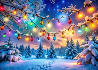 Vibrant, colorful, and intricately designed festive holiday lights adorn a winter wonderland scene, sparkling with magic and warmth against a soft, snowy blue background.