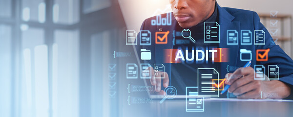 Poster - Business professional performing a digital audit with holographi
