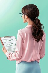 Poster - A professional woman analyzing data on a clipboard, showcasing a focus on statistics and business insights.