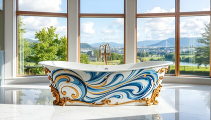 Wall Mural - A large, ornate bathtub with a swirling, abstract design in shades of blue, white, and gold. The tub is placed in a bright, modern bathroom with large windows overlooking a scenic outdoor view