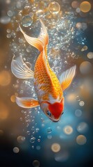 A vibrant orange koi carp swimming through a cascade of gentle bubbles and shimmering light beams