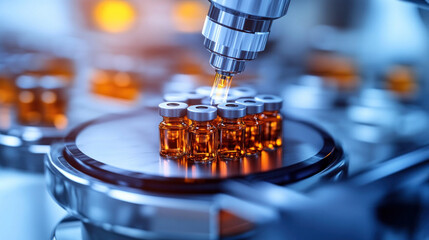 Poster - A machine is filling bottles with a liquid. The machine is in a lab setting
