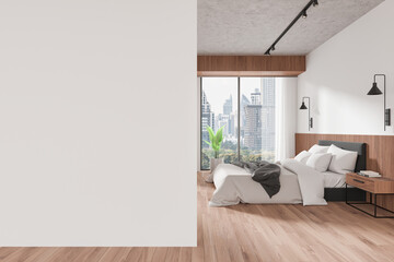 Sticker - Stylish hotel bedroom interior with bed and panoramic window. Mockup wall