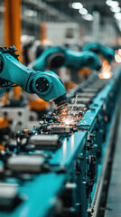 Poster - A blue robot is working on a machine in a factory. The robot is surrounded by other robots and machines, and the scene is industrial in nature. Scene is one of productivity and efficiency