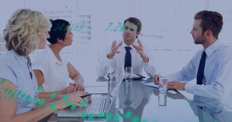 Poster - Animation of financial data processing over diverse colleagues discussing work in office