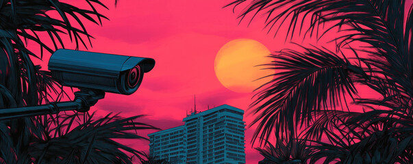 Wall Mural - A camera is pointed at a sunset with palm trees in the background. The camera is on a pole and the sun is in the sky