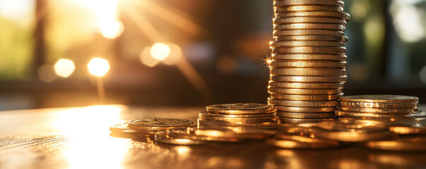 Poster - A pile of gold coins on a table. Concept of wealth and prosperity