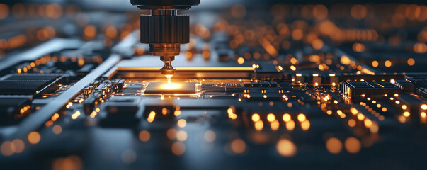 Poster - A computer chip is being etched into a circuit board. Concept of precision and technology, as the process of creating the chip is highly detailed and intricate