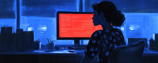 Poster - A woman is sitting at a desk in front of a computer monitor with a red screen. Concept of frustration or annoyance, as the woman is staring at the red screen. The dark blue background