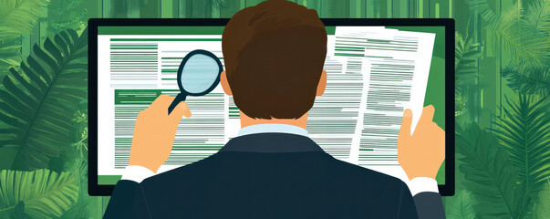 Poster - A man is looking at a computer screen with a magnifying glass. He is wearing a suit and tie. Concept of professionalism and focus