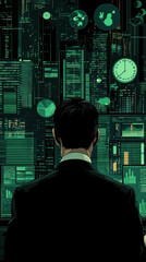 Poster - A man is looking at a computer screen with a city view in the background. The man is wearing a suit and tie. Concept of technology and urban life