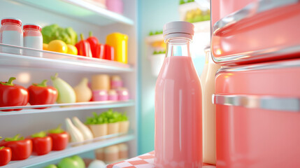 Poster - A pink bottle of milk in a refrigerator with vegetables and fruit, AI