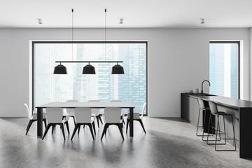 Wall Mural - Sleek modern kitchen with large windows and city view. Features a minimalist dining area with white chairs and table. Interior design concept. 3D Rendering