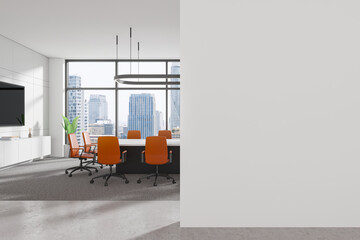 Wall Mural - Meeting interior with board and chairs, tv display and window. Mockup wall