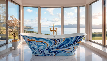 The tub is situated in a modern, bright bathroom with ample windows that offer a scenic view of the outdoors