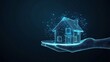 © Palung - 3d hand holding house icon on plate. Abstract vector agents arm and home in dark blue. Real estate, rental, sale or investment concept. Digital low poly wireframe with dots, lines, shapes and stars
