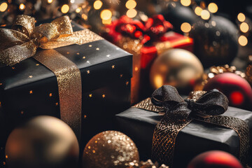 Elegant Christmas Gifts in Black and Gold. A luxurious photo featuring black and gold wrapped Christmas gifts, set against a backdrop of shimmering holiday lights.
