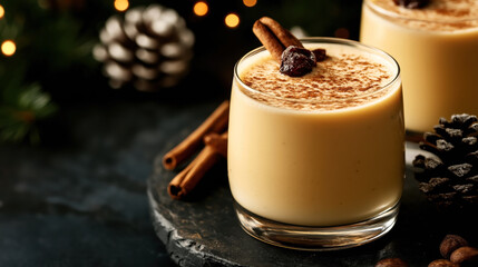 Poster - A close-up image of a glass of eggnog garnished with cinnamon sticks and sprinkled spices, with pine cones and festive lights in the background.