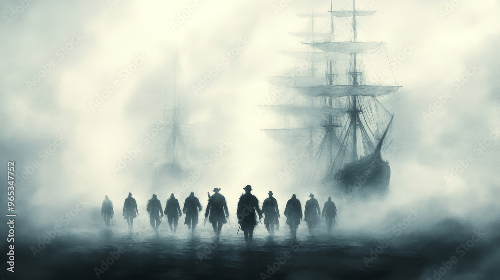 A group of pirate-like figures emerges from dense fog near tall ships ...