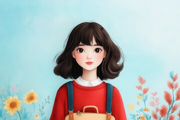 A whimsical portrait of a young girl with a stylish bob and a vibrant red sweater, surrounded by colorful flowers in a serene background.