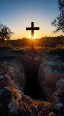 A Wooden Cross Stands Over an Open Grave at Sunset