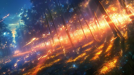 Wall Mural - Enchanting forest scene filled with vibrant glowing lights and dynamic colors.