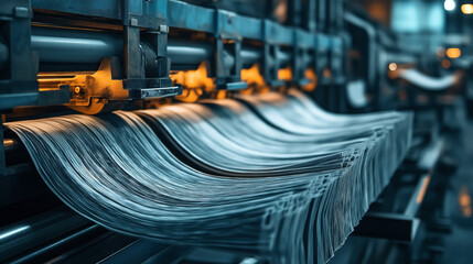 Poster - Industrial printing press in a factory with large sheets of paper running through rollers. The machinery is illuminated with warm lighting, highlighting details of the process.