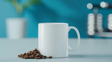 a white mug filled with coffee beans that is lying down, with a gym backdrop 