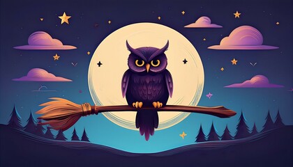 Wall Mural - Owl perched on a broomstick under a full moon