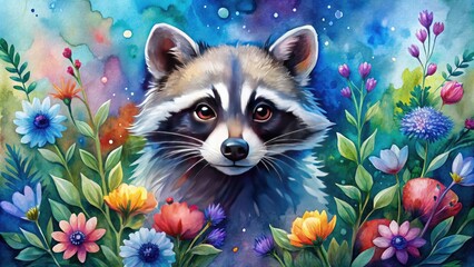 Vibrant watercolor illustration of a curious raccoon amidst blooming flowers and lush greenery, surrounded by abstract splashes of blue and purple hues.