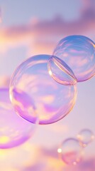 Poster - iridescent soap bubbles against a pastel sky, ethereal beauty and tranquility concept