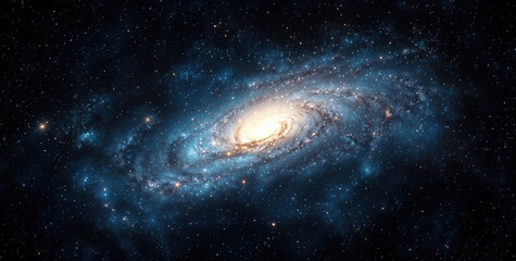 Wall Mural - Spiral galaxy is sparkling with bright blue stars and glowing with a warm light center. High quality photo