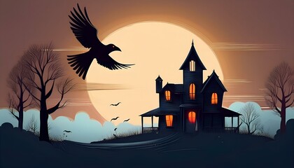 Wall Mural - Haunted House with Flying Raven and Full Moon