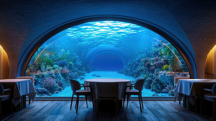 An enchanting underwater restaurant with stunning ocean views and vibrant marine life, offering a unique dining experience.