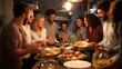 © irissca - A joyful Thanksgiving gathering in an urban kitchen with friends sharing delicious food and laughter late into the evening