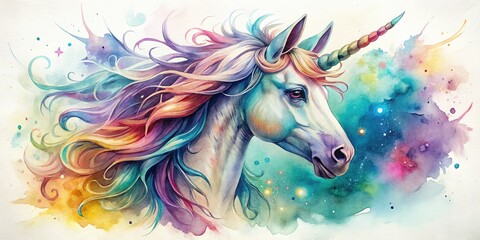  Vibrant watercolor-inspired tattoo of a majestic unicorn head, with soft pastel hues and delicate brushstrokes, against a subtle gradient background, evoking whimsical fantasy.