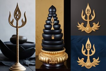 Collage of a Matte Black Shiva Lingam with an Ornate Golden Trident Emblem