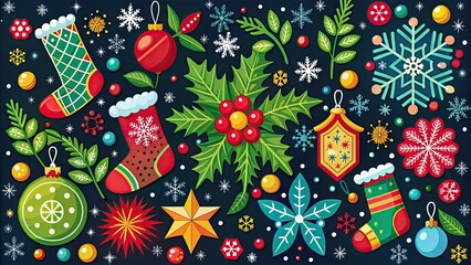 Vibrant, whimsical illustration of festive holiday icons, including snowflakes, stockings, ornaments, holly, and mistletoe, in a playful, colorful design suitable for Christmas season greetings.