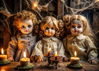 Wall Mural - Vintage porcelain dolls with cracked faces and tattered clothes, surrounded by spider webs and eerie candles, evoke a haunting and unsettling atmosphere for Halloween.