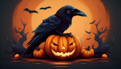 Wall Mural - Halloween Raven on Jack-O-Lantern with Bats and Pumpkin