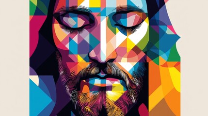 Abstract stained glass style Jesus Christ illustration with vibrant colors