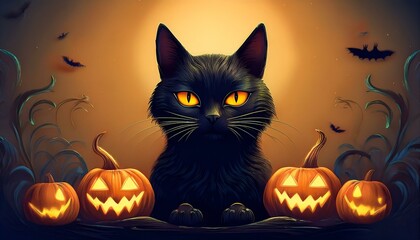 Wall Mural - Spooky Black Cat and Jack-O'-Lanterns for Halloween