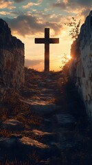 Wall Mural - Stone Cross Silhouette at Sunset with Stone Path