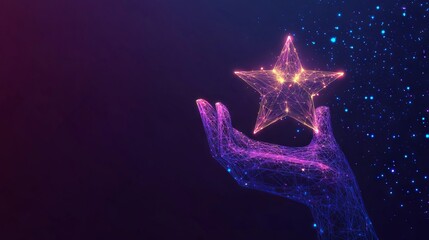 Digital hand giving five star rating. Futuristic Feedback concept. A person hand is holding a golden bright star. 3d polygonal vector illustration in blue purple colors. Low poly wireframe. Low poly w