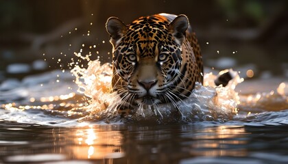 Jaguar in stealth mode pursuing prey through tranquil waters at sunrise