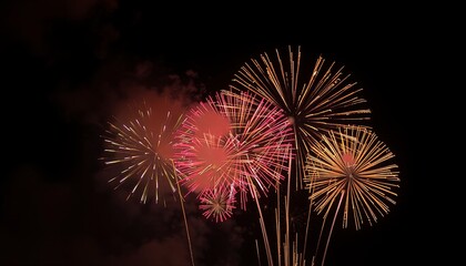 A dazzling display of fireworks explodes in a night sky. The fireworks are multicolored, with bursts of red, green, blue, yellow, and orange. Smoke trails from the fireworks linger in the air.
