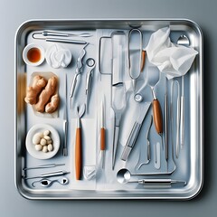 dental tools in a tray.