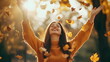 © dobok - Joyful Woman Embracing Autumn Leaves Sunlight Outdoors Happiness Freedom Nature