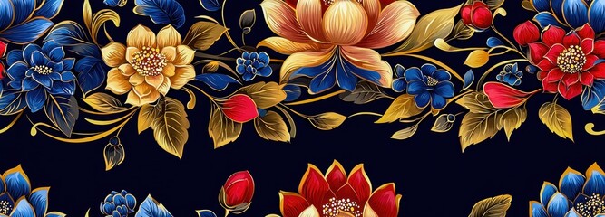 Vibrant floral pattern featuring colorful blooms set against a dark background, perfect for textile and design projects. - Kanok Thai seamless patterns.