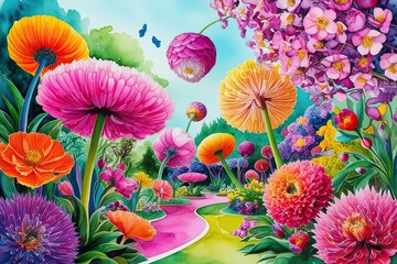 Vibrant Watercolor Illustration of Surreal Blossoms in a Colorful Garden